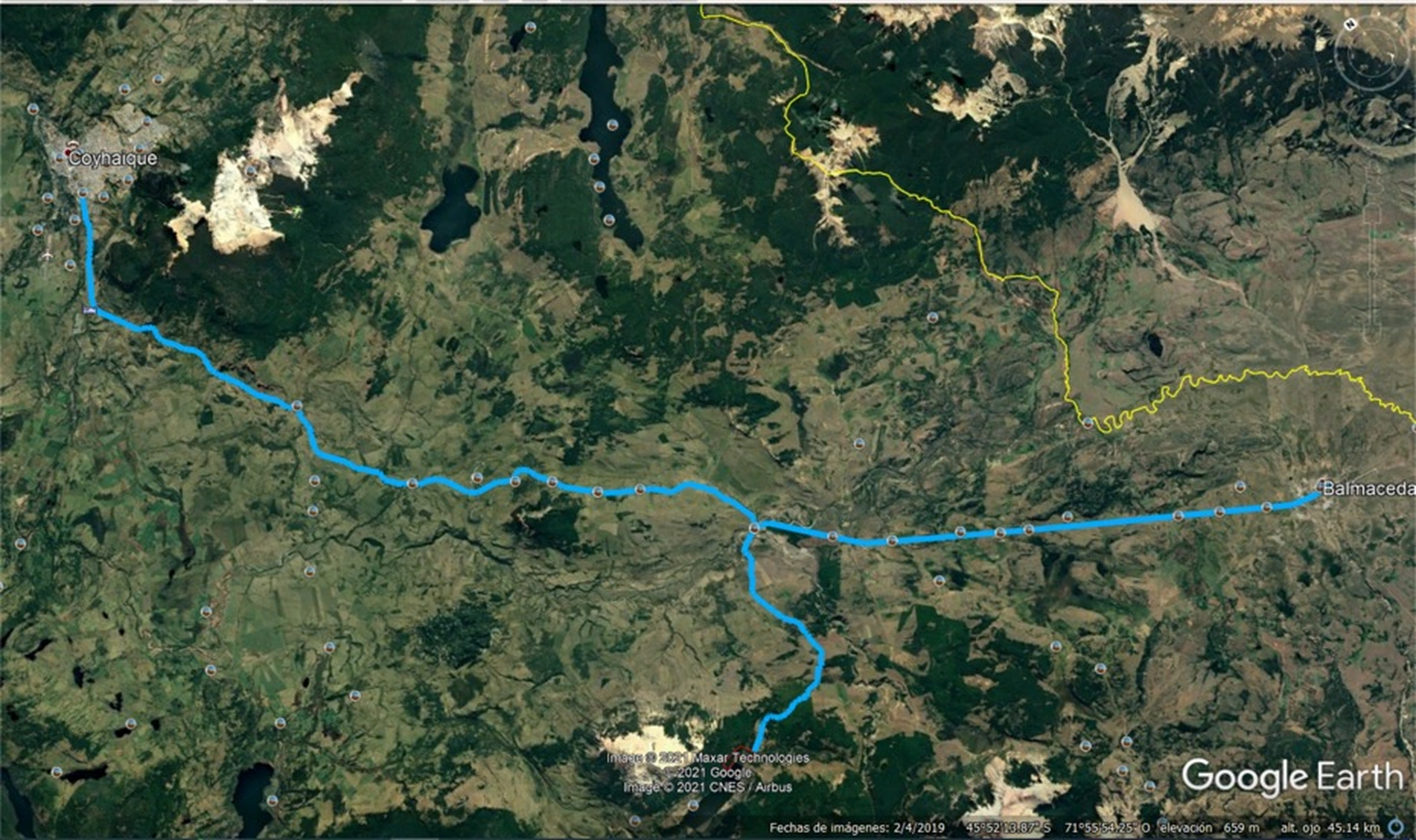 Mapa referencial de las rutas desde Coyhaique y Balmaceda al Lago Monreal